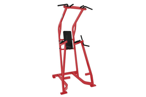 Black metal pull-up station with chin dip and leg raise attachments on white background