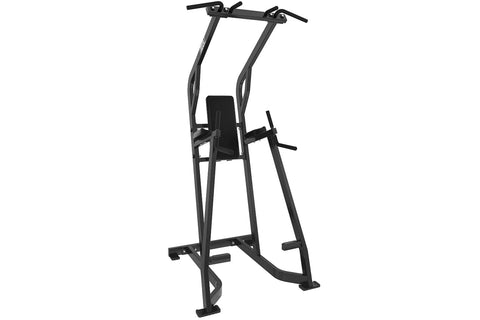 Black metal pull-up station with chin dip and leg raise attachments on white background
