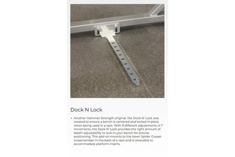 White metal bench dock lock attachment with adjustable slots, mounted on horizontal rail
