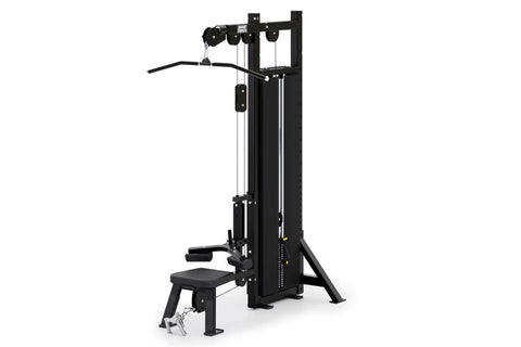 Black cable machine with dual pulldown and row stations, adjustable seat, and weight stack on white background