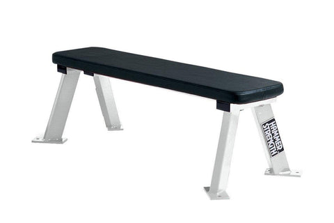 Black vinyl flat weight bench with dark metal A-frame legs on white background