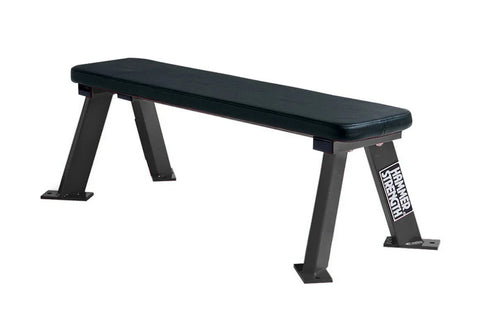 Black vinyl flat weight bench with dark metal A-frame legs on white background