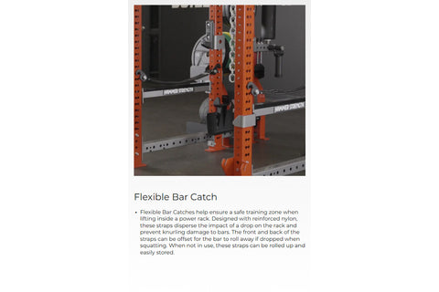 Pair of black Hammer Strength weight rack bar catchers with adjustable arms and metal pins, flat lay on white background