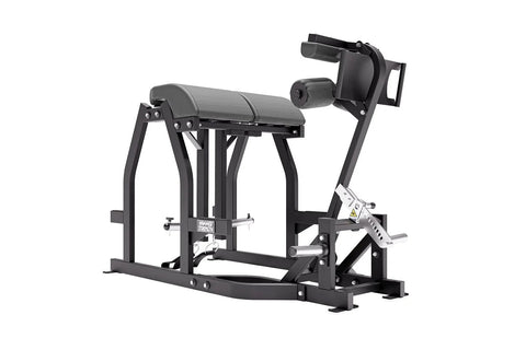 Hammer Strength black glute-ham reverse hyper combo bench machine with padded seat and leg attachment on white background