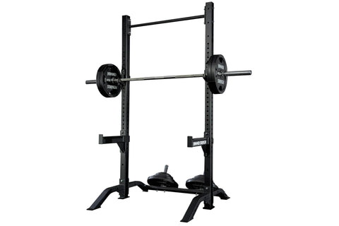 Black Hammer Strength squat stand with vertical posts, horizontal bar, weight plates labeled 45 lbs, and adjustable safety ar
