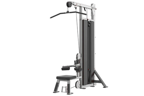 Hammer Strength HD Elite Dual Pulldown Row machine with silver frame, black padded seat and handles on white background