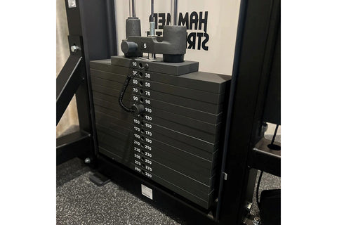 Hammer Strength HD Elite Dual Pulldown Row machine with silver frame, black padded seat and handles on white background
