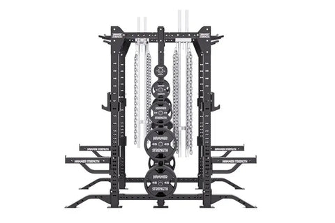 Hammer Strength HD Elite ID Combo Rack with black steel frame, weight plates, and silver chains on white background