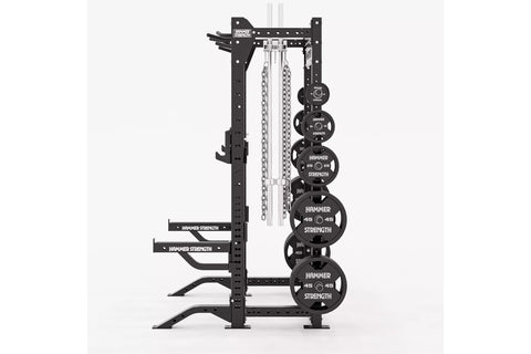 Black Hammer Strength HD Elite ID half rack with adjustable weight plate storage, chain attachment, and barbell on white back