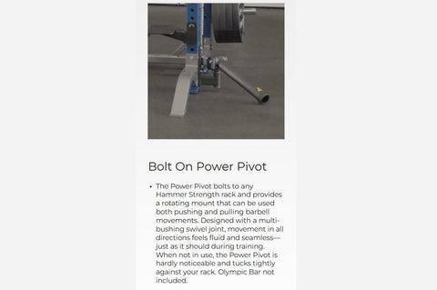 Black metal power pivot rack attachment with bolt-on mounting hardware and adjustable arms, shown in multiple angles on white