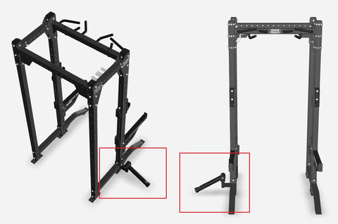 Black metal power pivot rack attachment with bolt-on mounting hardware and adjustable arms, shown in multiple angles on white