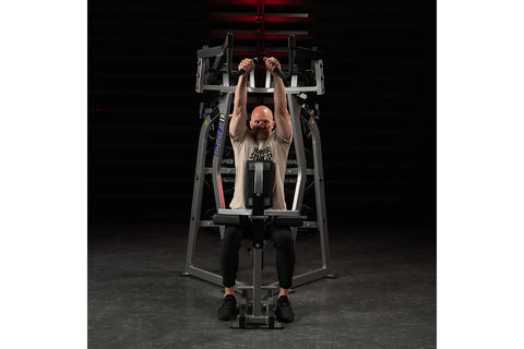 Black Hammer Strength iso-lateral high row machine with dual handles, footrest, and adjustable seat on white background