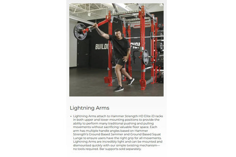 Man using red Lightning Arms attachment on Hammer Strength HD Elite rack in gym setting, holding barbell overhead