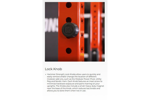Black knob with inset screw mounted on red powder-coated steel uprights with hole pattern for weight rack