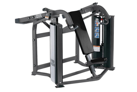 Hammer Strength black and gray iso-lateral chest press machine with dual handles and padded seat on white background