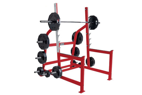 Red and gray Olympic squat rack with black weight plates and chrome barbell on white background