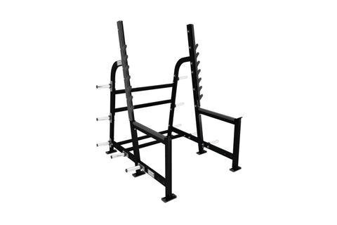 Red and gray Olympic squat rack with black weight plates and chrome barbell on white background