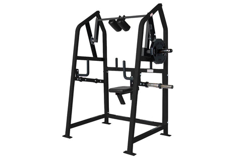 Black plate-loaded multi-station gym equipment with neck exercise attachment, barbell sleeve, and weight plate storage on whi