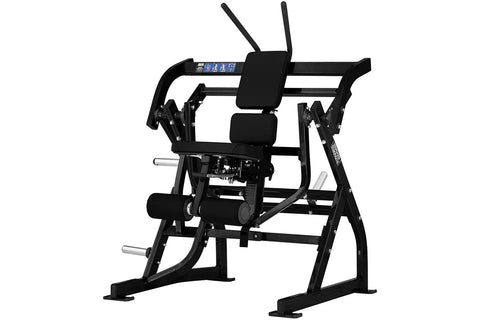 Black plate-loaded abdominal oblique crunch machine with padded seat and backrest on white background