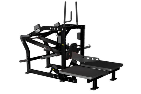 Black plate-loaded belt squat machine with dual foot platforms, weight horn attachments, and three vertical antenna posts on 