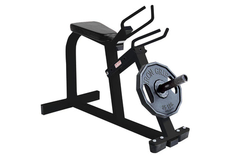 Black plate-loaded gripper machine with padded seat, curved handles, and iron grip weight plate loaded on white background