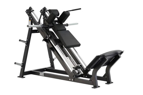 Hammer Strength plate-loaded hack squat machine with black steel frame, padded backrest and foot platform, on white backgroun