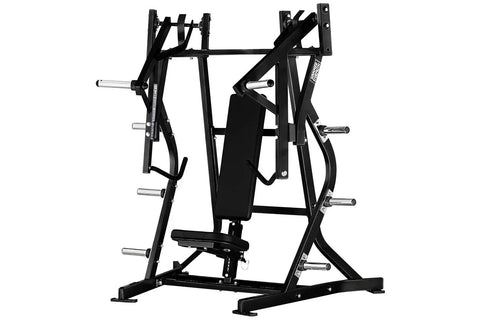 Black plate-loaded iso-lateral bench press machine with steel frame and padded black seat, shown on white background