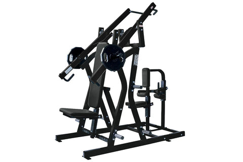 Black Hammer Strength plate-loaded chest and back exercise machine with dual weight stacks, padded seat and backrest, on whit