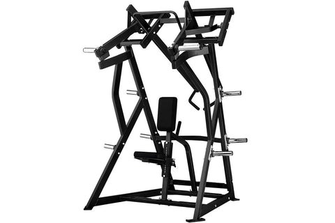 Black plate-loaded iso-lateral D.Y. row machine with dual handles, foot plate, and metal frame on white background