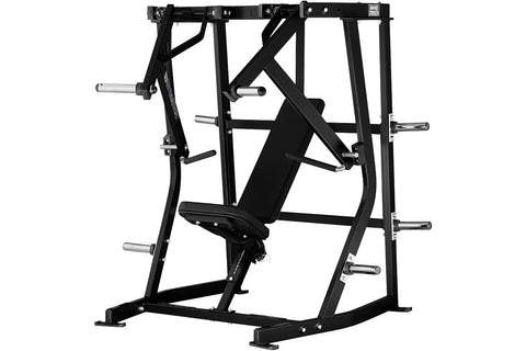 Black plate-loaded decline chest press machine with adjustable iso-lateral arms, padded seat, and chrome handles on white bac
