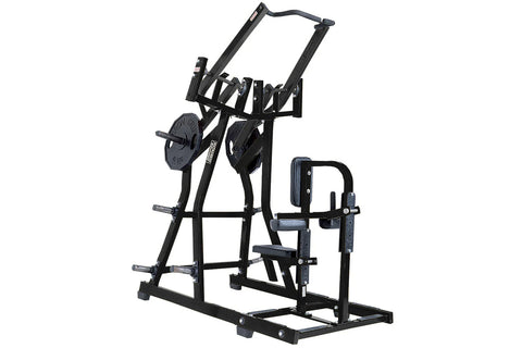 Black plate-loaded lat pulldown machine with dual handles, weight plate on left side, and foot platform, on white background