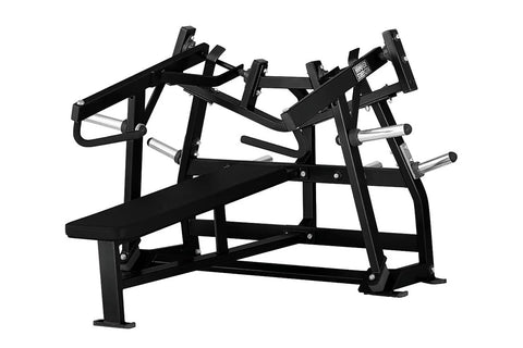 Black Hammer Strength plate-loaded iso-lateral horizontal bench press with padded seat, chrome handles, and steel frame on wh