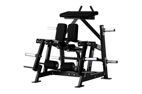 Black plate-loaded leg curl machine with padded seat, backrest, and leg extension arms, multiple weight plate pegs, on white 