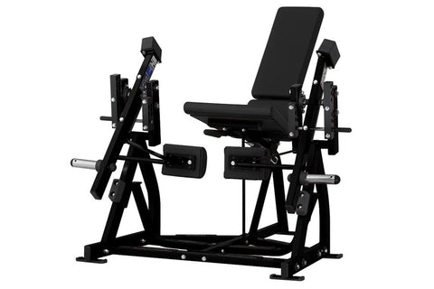Black plate-loaded leg extension machine with padded seat and backrest, dual handles, and adjustable foot platforms on white 
