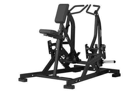 Black plate-loaded iso lateral row machine with padded chest support, dual handles, and foot platform on white background