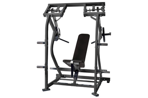 Black Hammer Strength plate-loaded iso-lateral shoulder press machine with padded seat, dual handles, and weight plate posts,