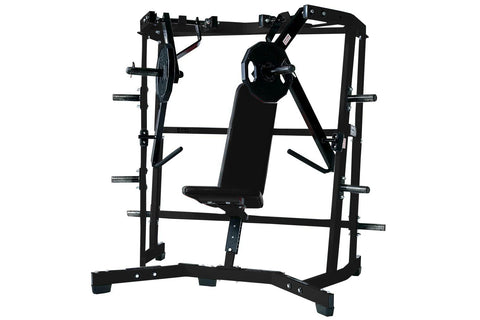 Black Hammer Strength plate-loaded iso-lateral wide chest press machine with weight plates and padded seat, isolated on white