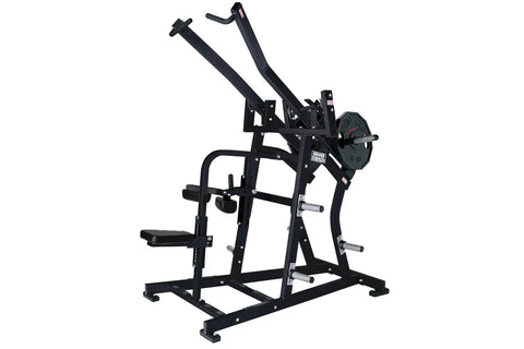 Hammer Strength black plate-loaded iso-lateral wide pulldown machine with dual handles and weight plate attachment, on white 