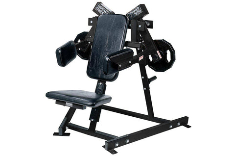 Black Hammer Strength plate-loaded lateral raise machine with blue padded seat and arm pads, on white background