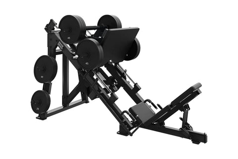 Black Hammer Strength plate-loaded linear leg press with adjustable seat, numbered weight plates, and leg extension attachmen