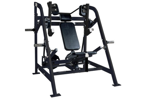 Black plate-loaded pullover machine with padded seat and backrest, metal frame, and dual handles on white background