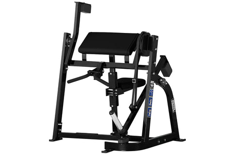 Black plate-loaded seated biceps machine with padded seat and arm supports on white background
