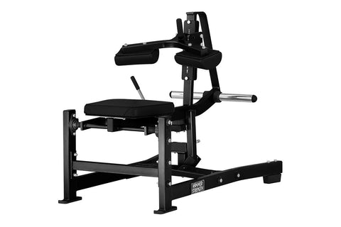 Black plate-loaded seated calf raise machine with padded seat and leg platform, chrome handles, on white background