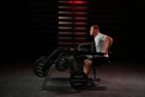 Black plate-loaded seated dip machine with gray padded seat and backrest, dual handles, and weight plate pegs on white backgr