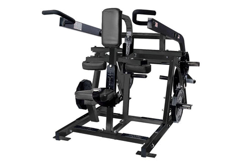 Black plate-loaded seated dip machine with gray padded seat and backrest, dual handles, and weight plate pegs on white backgr