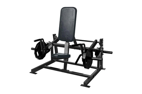 Black plate-loaded shrug machine with padded shoulder support, adjustable arms, and weight plate holders on white background