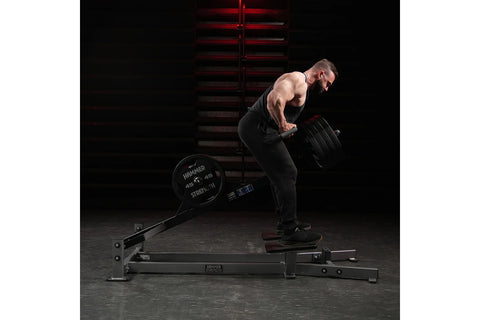Black plate-loaded T-bar row machine with metal handles and cylindrical weight posts on white background