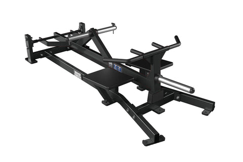Black plate-loaded T-bar row machine with metal handles and cylindrical weight posts on white background