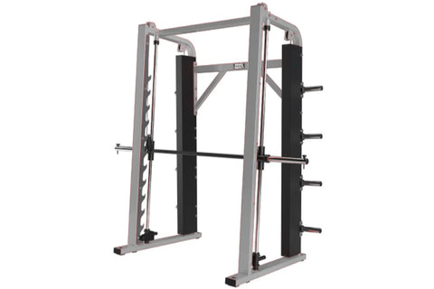 Black steel plate loaded vertical smith machine with adjustable safety bars and guide rails on white background