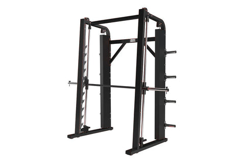 Black steel plate loaded vertical smith machine with adjustable safety bars and guide rails on white background